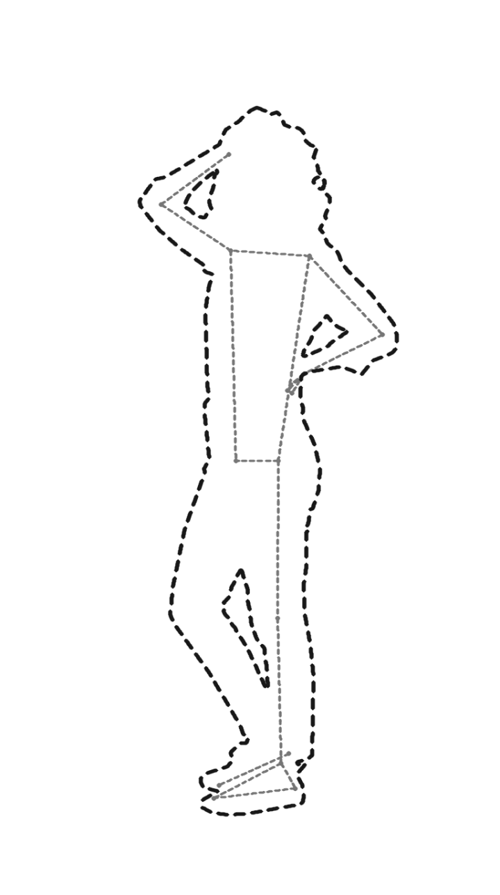 Dashed pose tracing guide shown over an empty camera viewfinder